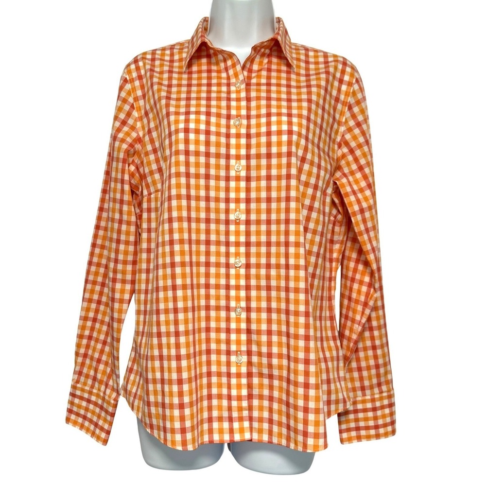 Lands End No Iron Button Down Shirt Orange Gingham Womens Size 10 Stretch Cotton
